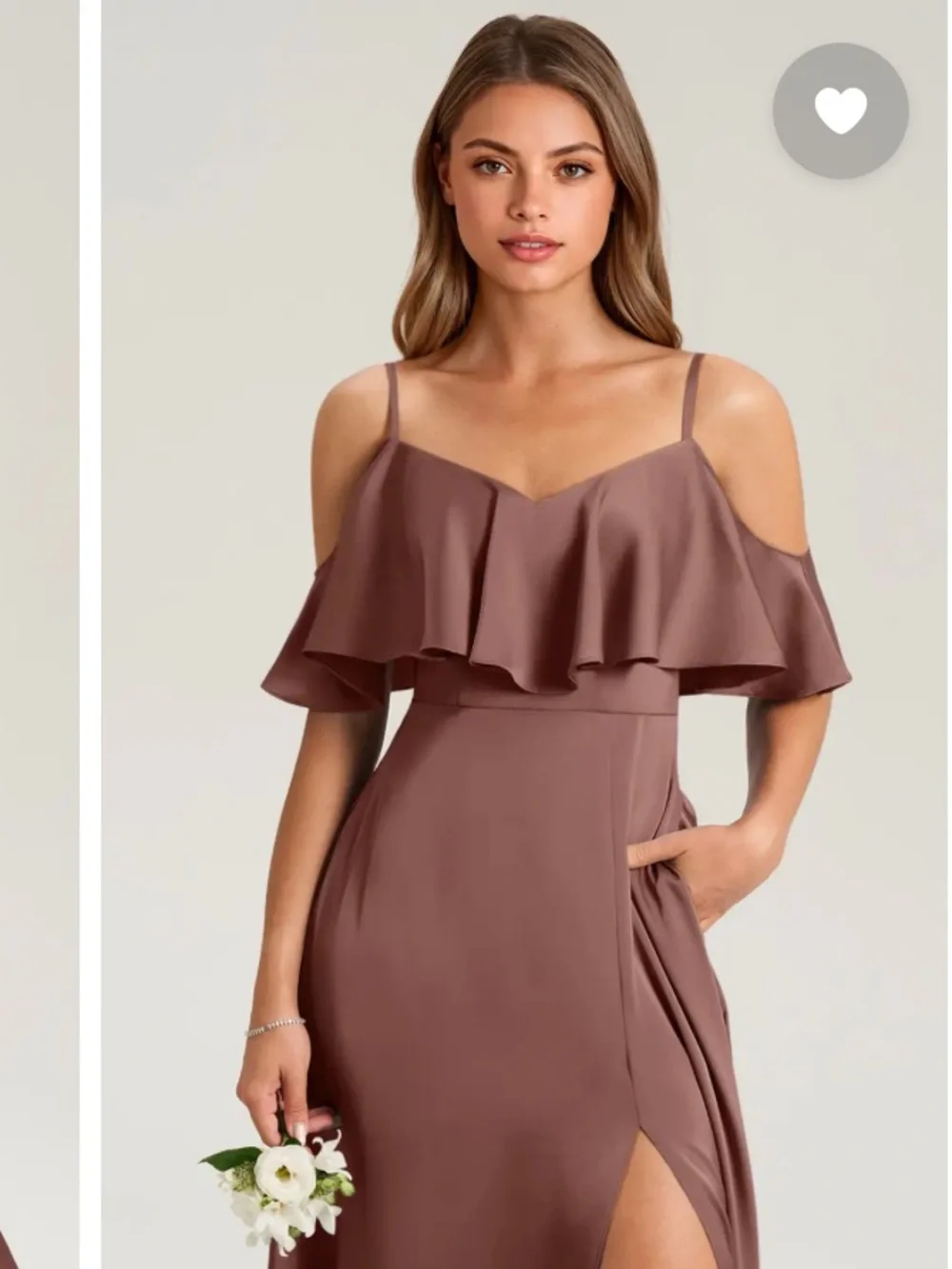 NWT Azazie Jean Bridesmaid Dress Espresso Stretch Satin Off-Shoulder Gown A10
